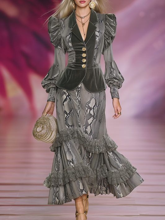 Retro-elegant Snakeskin Print Velvet Shirt And Skirt Set