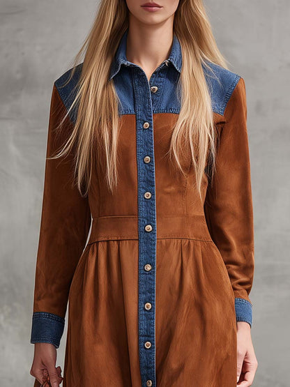 Western Retro Lapel Front Button Blue Denim Trim Brown Faux Suede Maxi Dress