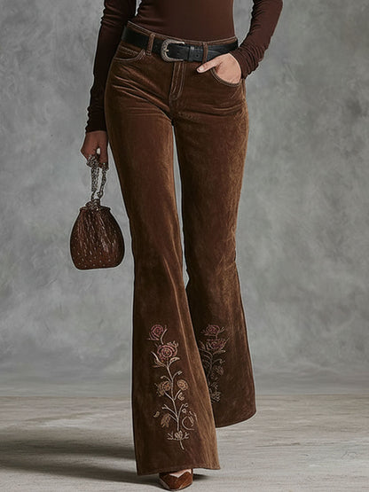 Western-style Floral Embroidered Pocket Flared Pants