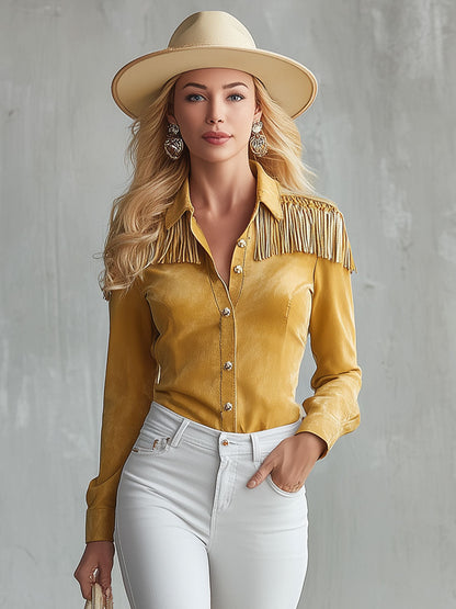 Western-style Yellow Faux Suede Patchwork Tassel Shirt