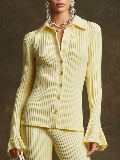 Trendy Retro Pale Yellow Long-sleeved Knit Cardigan And Flared Pants Set