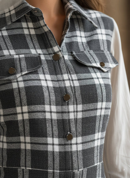 Trendy Retro Black And White Checkered Patchwork White Long-sleeved Midi Dress