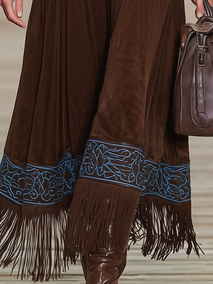 Western-style Faux Suede Patchwork Embroidered Patchwork Tassel Maxi Dress