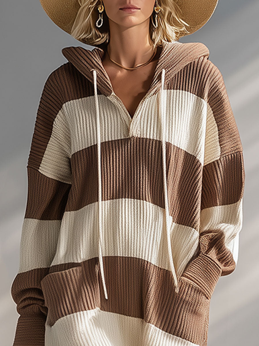 Stylish And Casual Brown And White Striped Hooded Knit Midi Dress