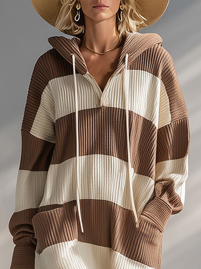 Stylish And Casual Brown And White Striped Hooded Knit Midi Dress