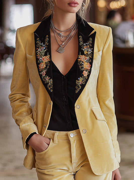 Retro-style Warm Color-blocked Collar Light Yellow Velvet Embroidered Blazer