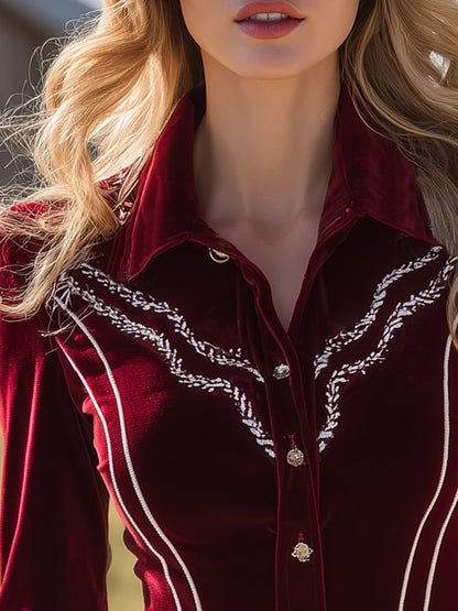 Vintage Western-style Lapel Embroidered Velvet Shirt
