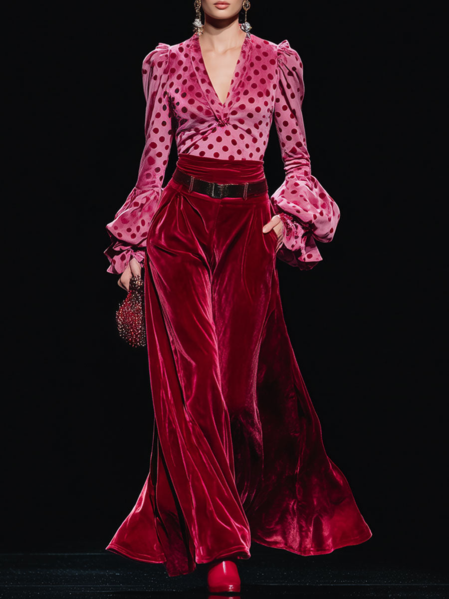 Trendy Retro Polka Dot Red Velvet V-neck Long-sleeved T-shirt And Wide-leg Pants Set