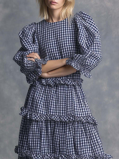 Western Countryside Round Neck Multi-layered Pleats Ruffled Hem Black And White Checkered Maxi Dress