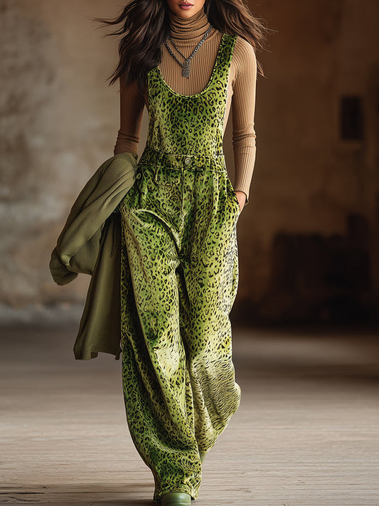 Trendy Urban Fluorescent Green Leopard Print Velvet Wide-leg Overalls