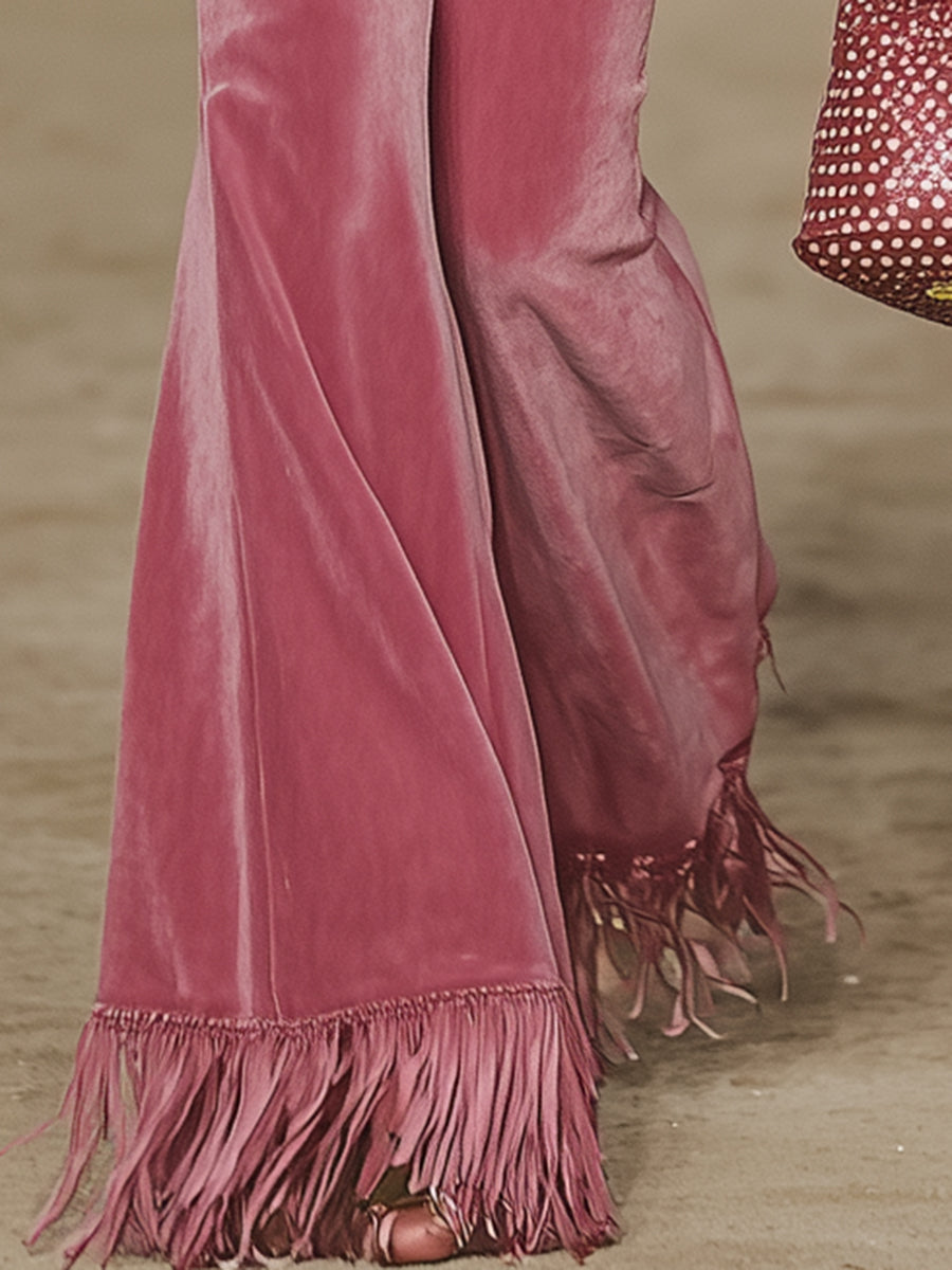 Western Pink Velvet Bell-Sleeve Ruffled Top And Bell-Bottom Pants Tassel Set