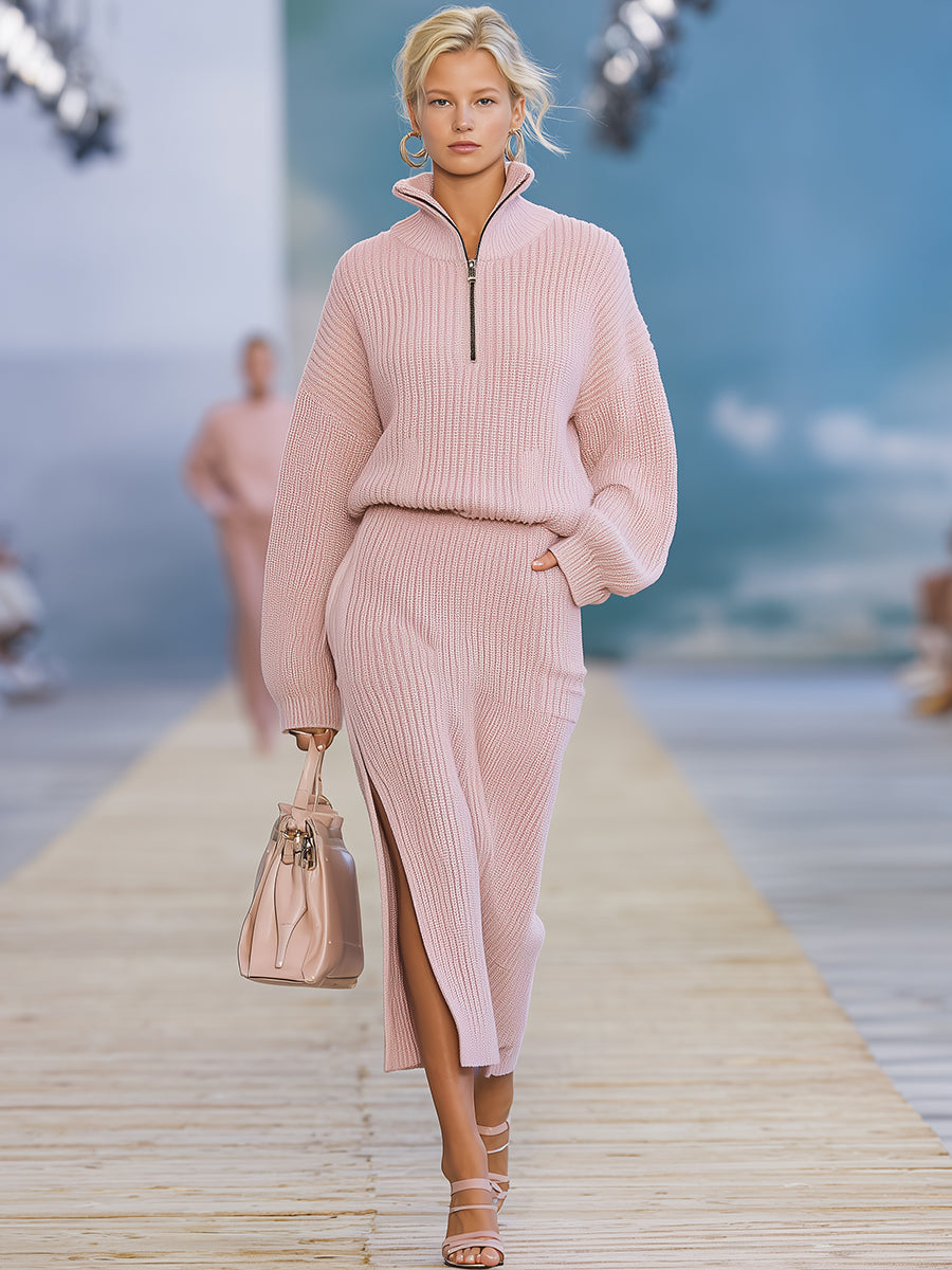 Casual And Stylish Stand-up Collar Pink Knitted Slit Midi Dress