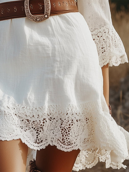 Women's White Linen V-neck Lace Hem Stitching Lace Mid-length Sleeve Dress