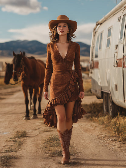 Western Brown Faux Suede V-neck Ruffle Mini Dress