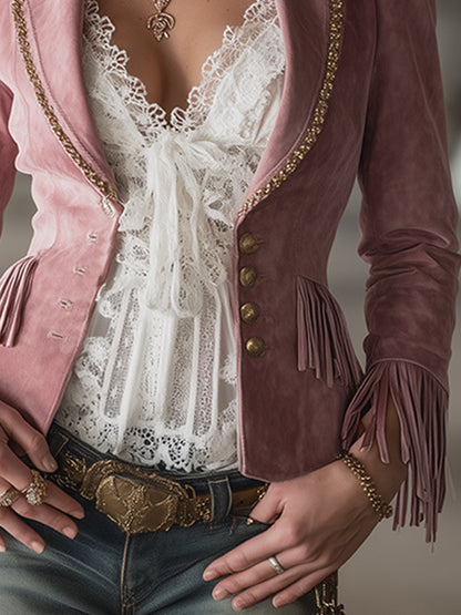 Stylish Urban Pink Faux Suede Fringed Slim-fit Blazer