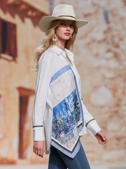 Stylish Silk Scarf Print White Loose-fitting Shirt