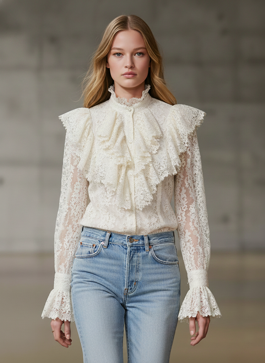 Stylish White Lace Ruffled Button Blouse