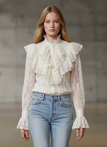 Stylish White Lace Ruffled Button Blouse