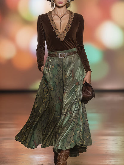Western Retro Brown Faux Suede Fringed Top And Green Snakeskin Skirt Set