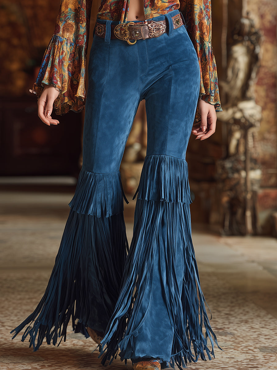 Trendy Retro Blue Double-layered Fringed Faux Suede Pants