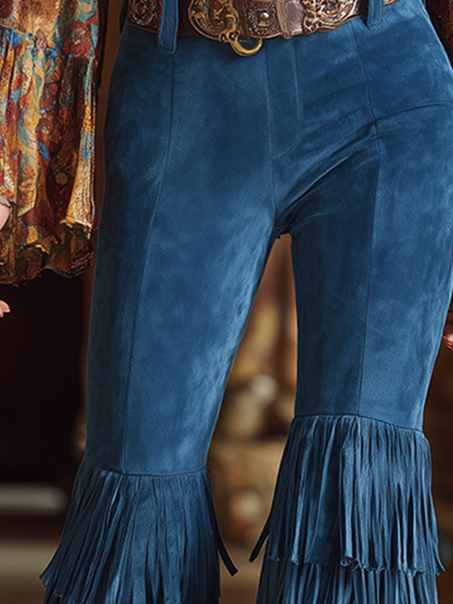Trendy Retro Blue Double-layered Fringed Faux Suede Pants