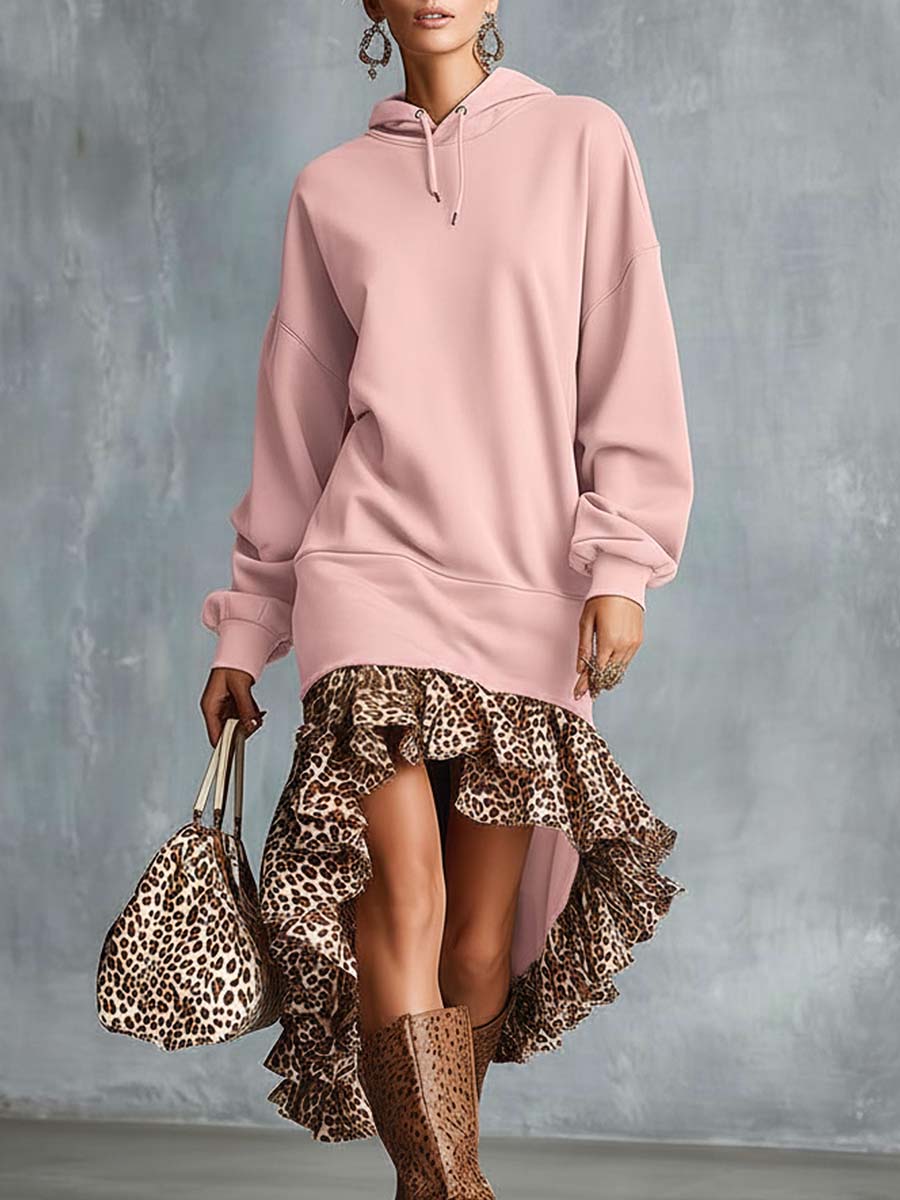 Temperament Fashion Sports Ooded Leopard Print High And Low Ruffle Hem Pink Cotton Midi Dress