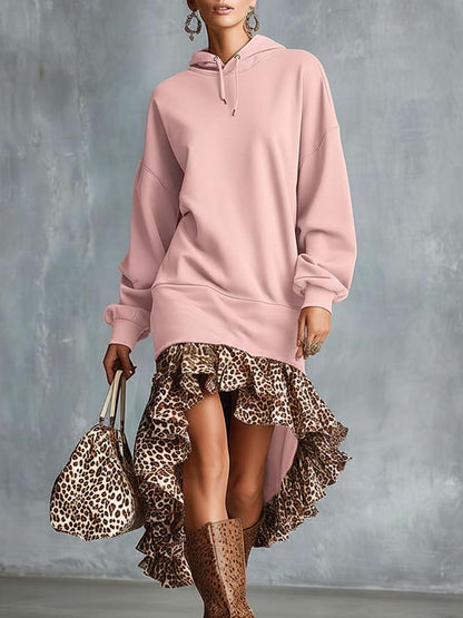 Temperament Fashion Sports Ooded Leopard Print High And Low Ruffle Hem Pink Cotton Midi Dress