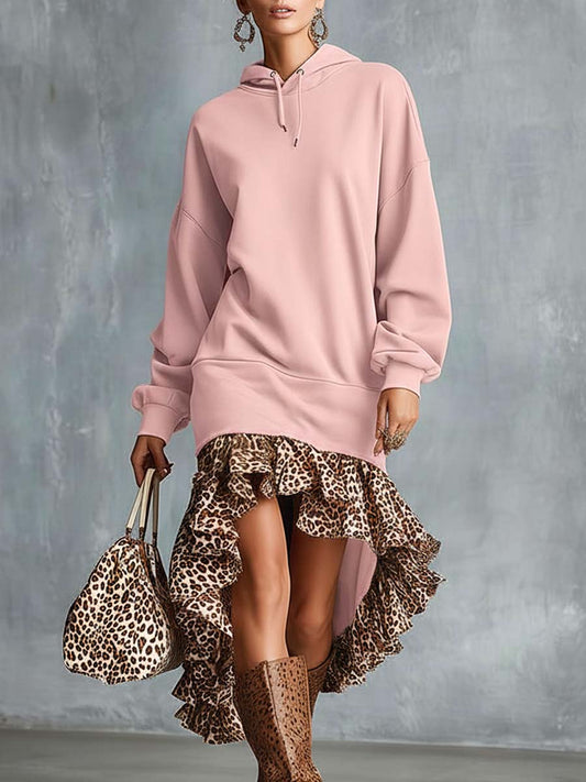 Temperament Fashion Sports Ooded Leopard Print High And Low Ruffle Hem Pink Cotton Midi Dress