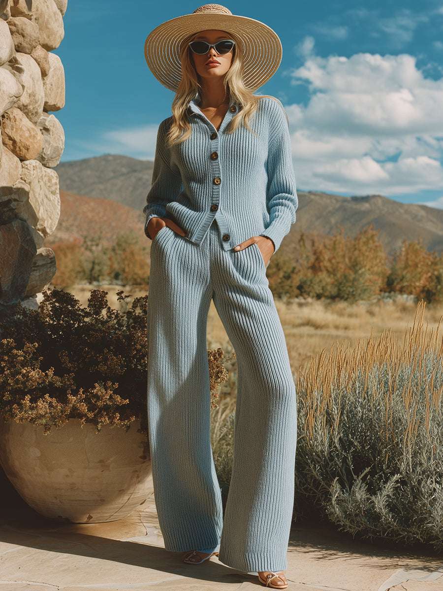 Stylish And Casual Light Blue Knitted Cardigan And Trousers Set