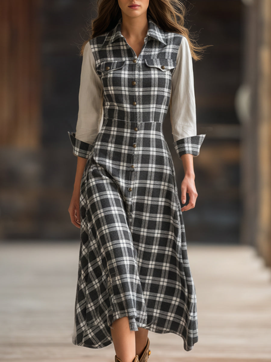 Trendy Retro Black And White Checkered Patchwork White Long-sleeved Midi Dress