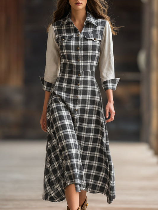 Trendy Retro Black And White Checkered Patchwork White Long-sleeved Midi Dress