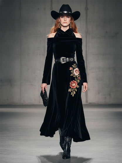 Western Black Velvet Neckline Unique Design Embroidered Midi Dress