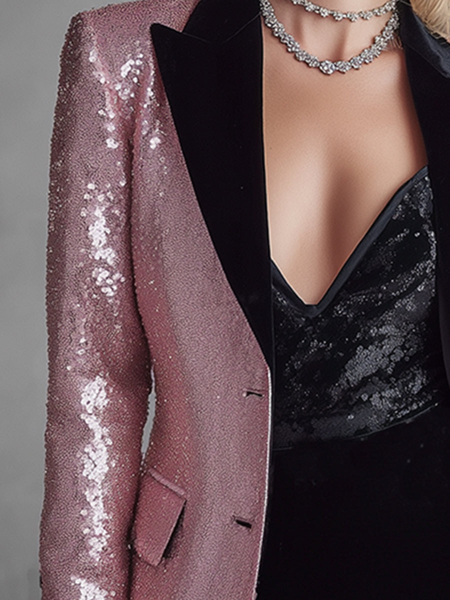 Stylish And Eye-catching Black Velvet Trim Pink Sequined Blazer