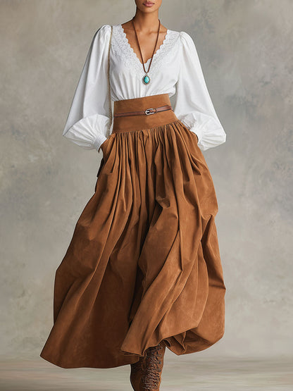 V-neck Lace-trimmed Bubble Cotton Long-sleeved Shirt