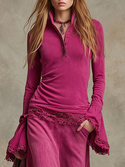 Vintage Lace-trimmed Fuchsia Distressed Cotton Polo Shirt And Ruffled Skirt Set