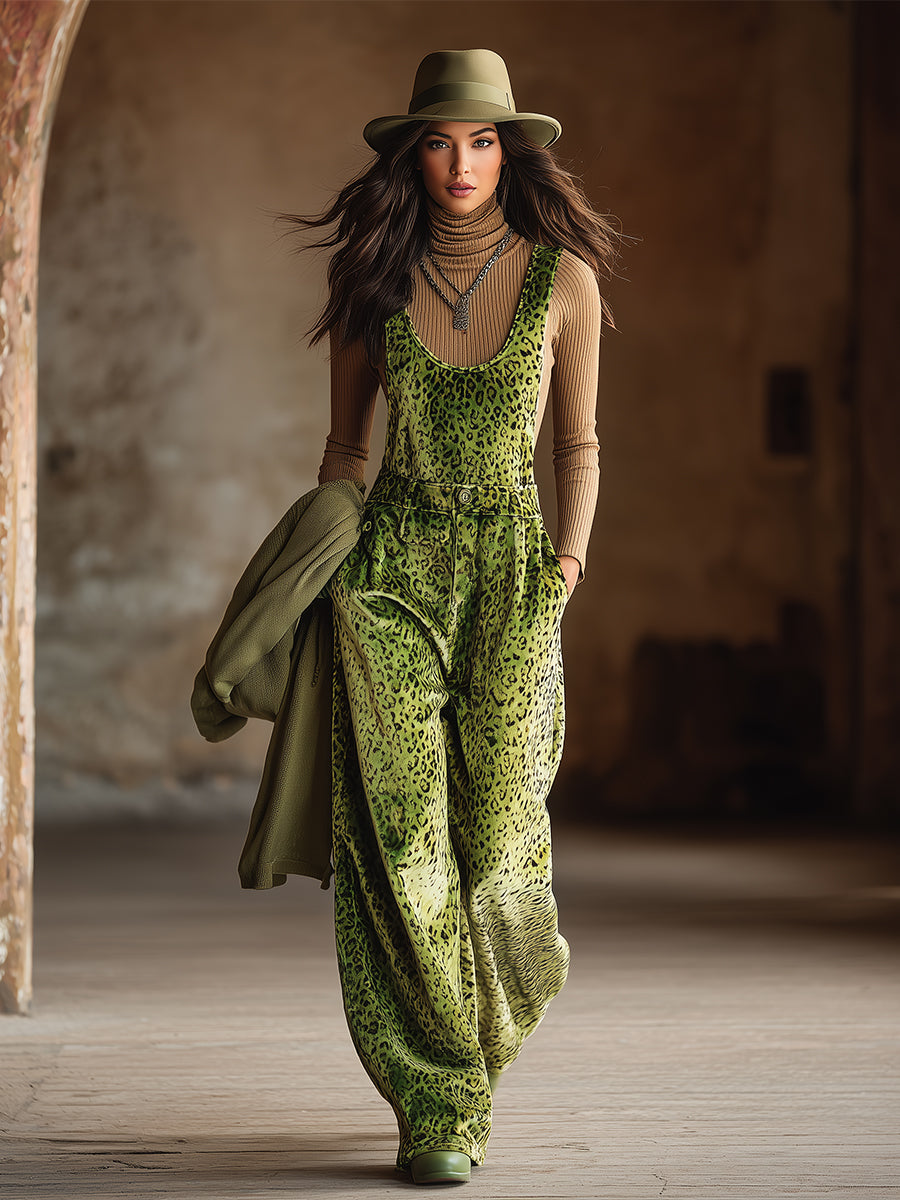 Trendy Urban Fluorescent Green Leopard Print Velvet Wide-leg Overalls