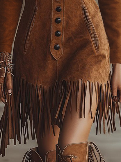 Western Style Tassel Brown Faux Suede Long Seleve Mini Dress