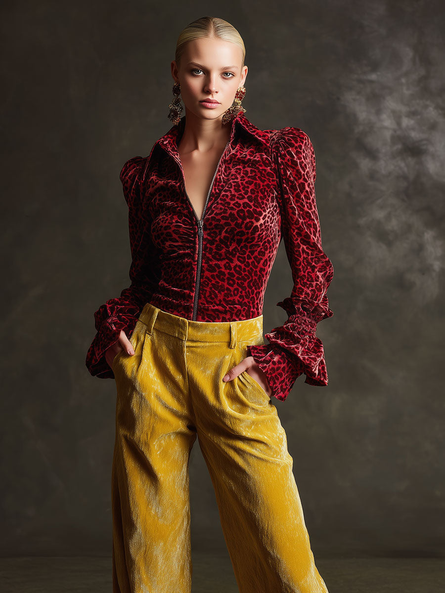 Casual Retro Red Leopard Print Velvet Zip-up Ruffled Long-sleeved Shirt