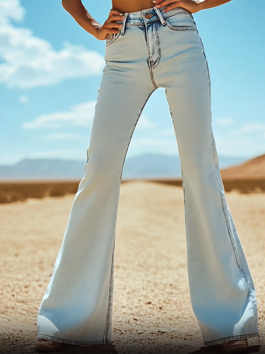 Vintage Back Pocket Star Embroidery Denim Flared Pants