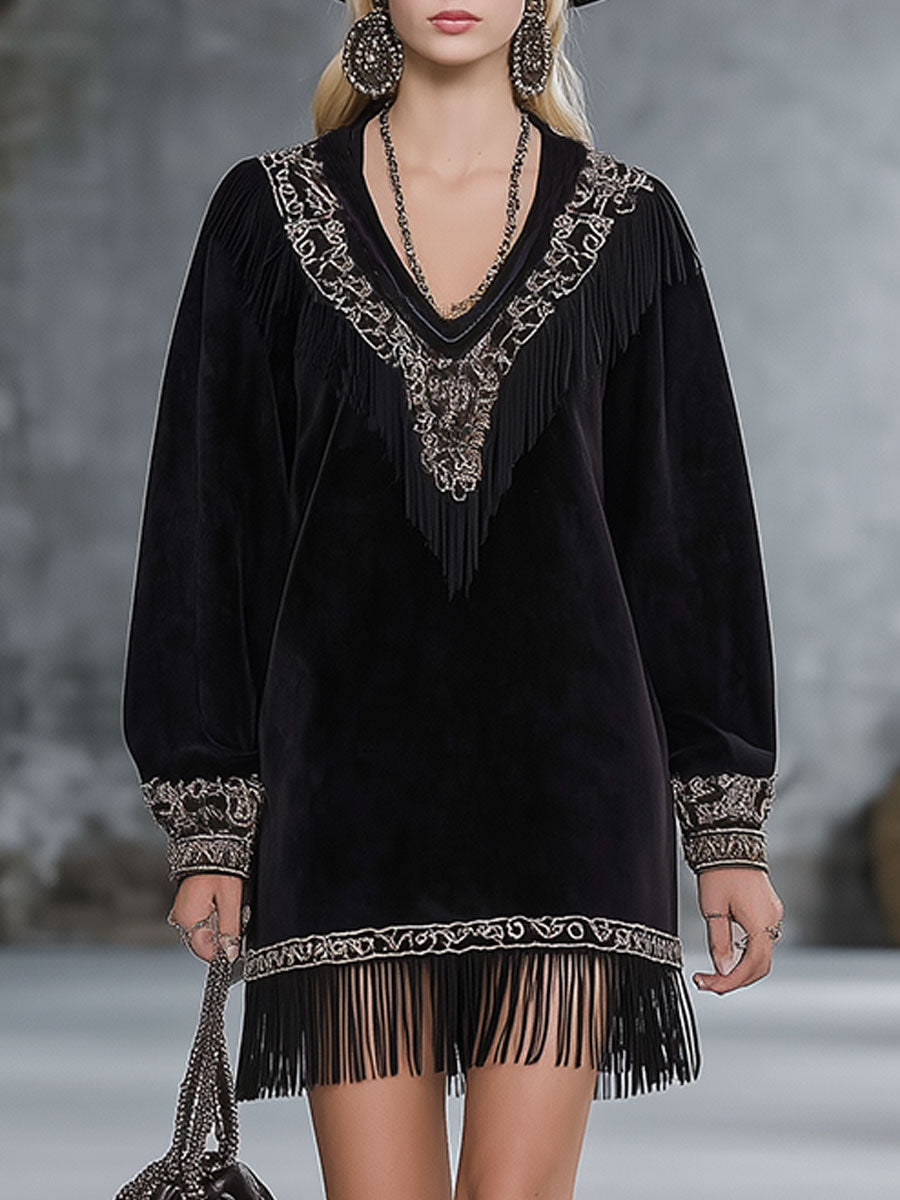 Western-style Embroidered Black Faux Suede Patchwork Tassel Mini Dress