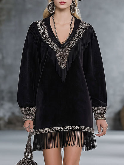 Western-style Embroidered Black Faux Suede Patchwork Tassel Mini Dress