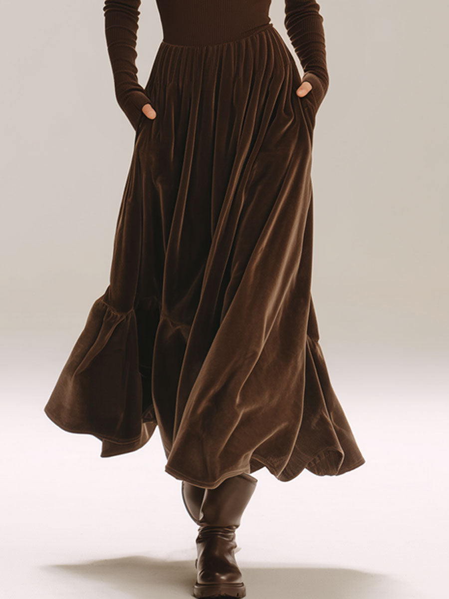 Stylish Retro Brown Knit Velvet Long-Sleeved Pleated Midi Dress