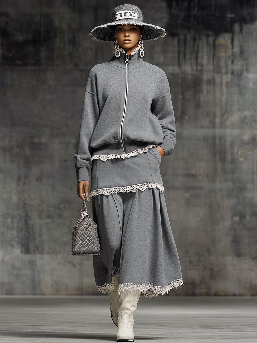 Casual Loose-fitting White Lace-trimmed Gray Sweatshirt And Skirt Set