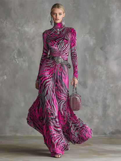 Trendy And Eye-catching Hot Pink Zebra Print Velvet Maxi Dress