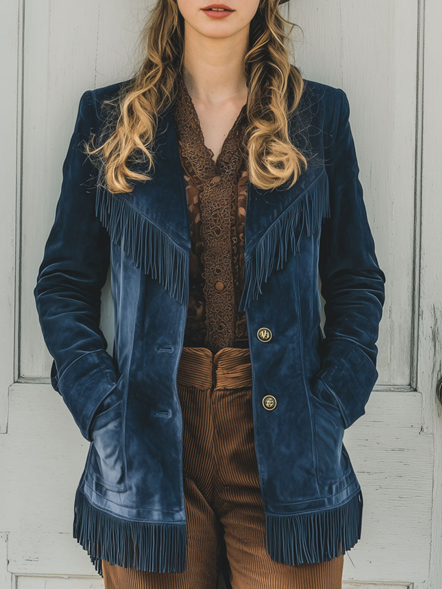 Western Retro Dark Blue Velvet Fringed Suit Jacket