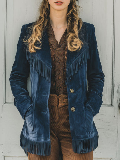 Western Retro Dark Blue Velvet Fringed Suit Jacket