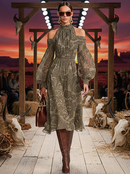 Casual Retro High-neck Off-shoulder Cashew Print Faux Suede Midi Dress