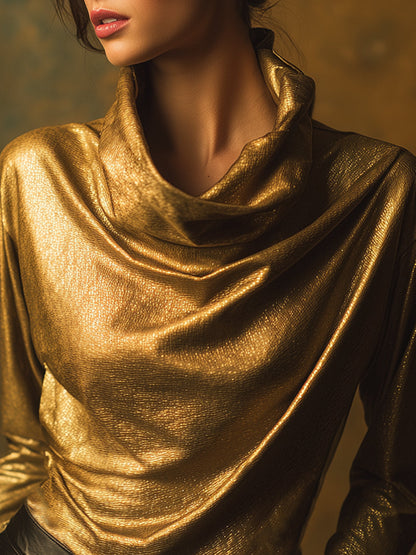 Stylish And Casual Gold Turtleneck Metallic Blouse