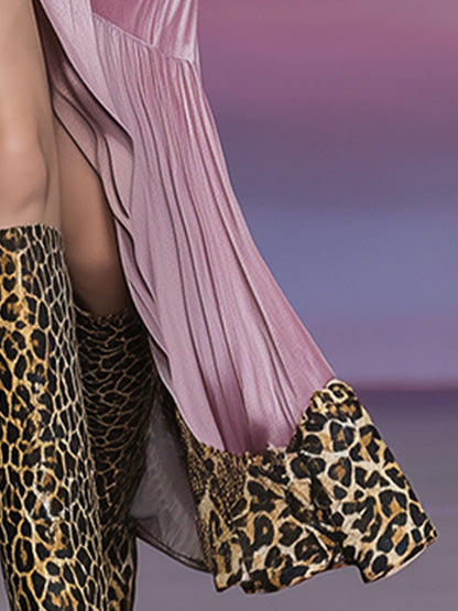 Stylish Leopard Print Patchwork Pink Velvet Midi Dress