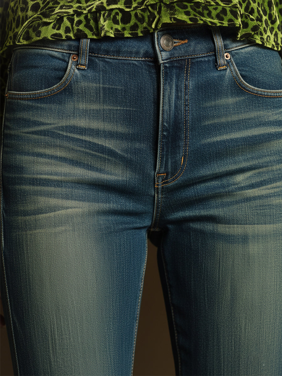 Vintage Distressed Blue-green Leopard Print Ruffled Jeans